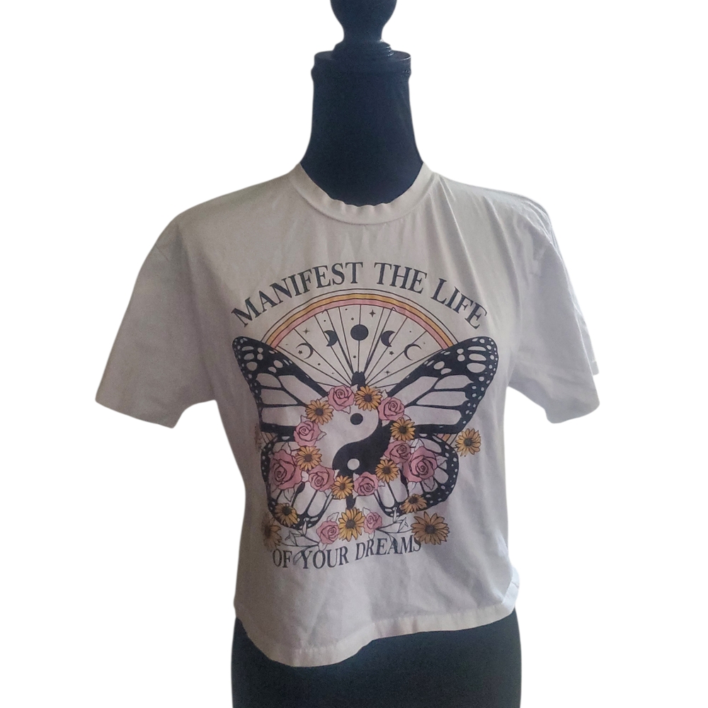 Womens Small White Graphic Tee with Butterfly Design